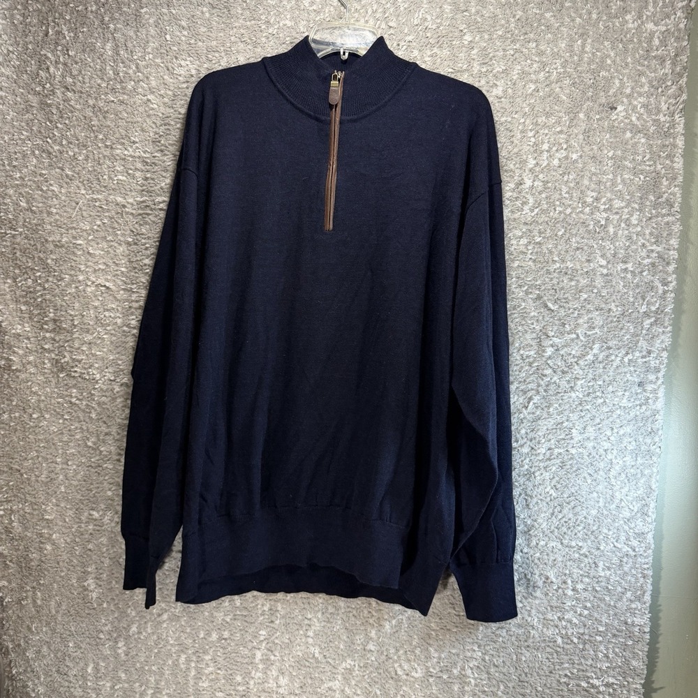Orvis Sweater Navy Merino Wool Quarter Zip Knit Pullover Preppy Old Money XXL